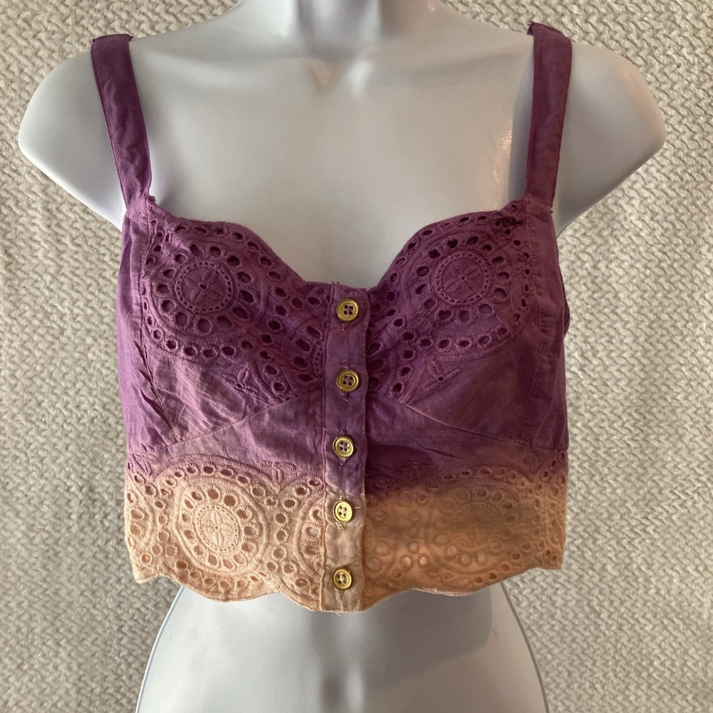 Bongo‎ Womens Button Crop Top Medium Fairy Boho Hippie Eyelet Festival